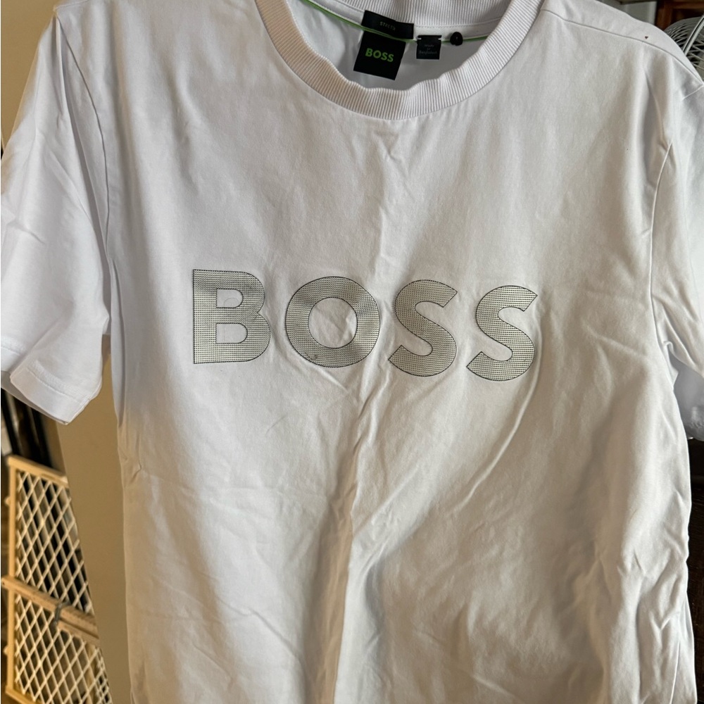 BOSS White Logo Short-Sleeve Crewneck T-Shirt - stretch